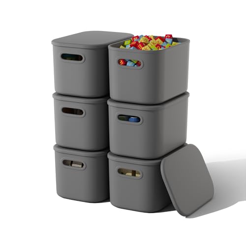 ORGIDOL 6 Pack Grey Storage Bins with Lids Stackable Storage Container for Organizing, Storage Boxes with Handle for Shelves, Cute Organizer Bins for Craft, Snacks, 9.85x6.9x5.7 inch - color: Dark Grey, size: 6 Pack
