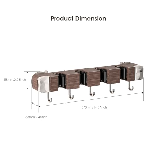 Suction Cup No Drilling Broom Holder Wall Mount, Walnut Color Mop Organizer Wall Hanging, 4 Racks 5 Hooks Tool Organizer Hanger Self Adhesive for Home, Garage, Garden, Laundry, Kitchen