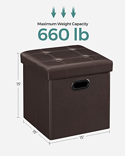 SONGMICS MAZIE Collection - 15 Inches Ottoman with Storage, Footstool, Storage Ottoman with Metal Grommet Handles, Load 660 lb, for Dorm, Living Room, Bedroom, Synthetic Leather, Brown ULSF30Z - color: Brown, size: 15"D x 15"W x 15"H