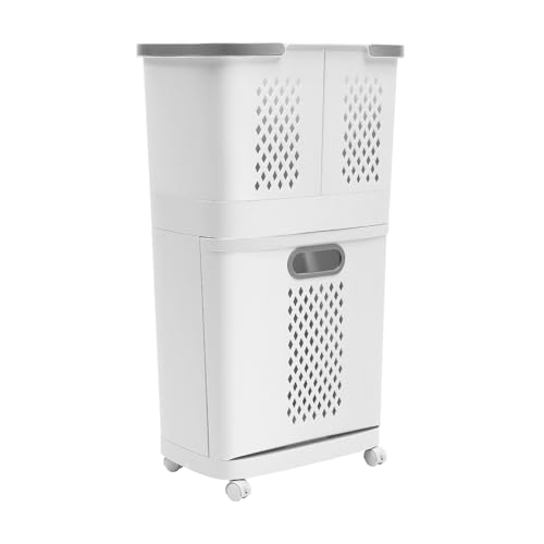 Removable Laundry Basket Organizer,3 Section Laundry Sorter with 4 Wheels,17.3×12.2×29.3in 2-Tier Divided Laundry Hamper with Wheels & Wall-Mountable Baskets,for Bedroom Laundry Room Bathroom