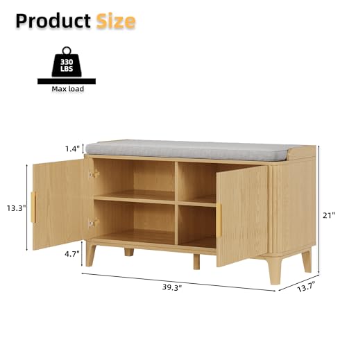 39.4" Fluted Shoe Cabinet Storage with Bench, 2-Tier Entryway Bench with Adjustable Shelves and Detachable Cushioned Seat, Shoe Organizer Bench Cabinet for Entryway, Living Room, Hallway Natural - color: Natural