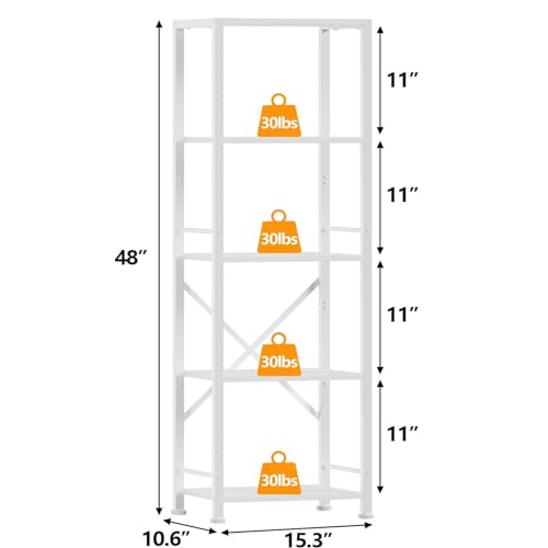 Furologee White Bookshelf 5 Tier Bookcase, Tall Narrow Bookshelves, Modern Freestanding Shelf Units, Metal and Wood Display Storage Corner Shelves Organizer for Bedroom, Living Room, Office, Bathroom - color: White, size: 5 Tier - 15.3"W