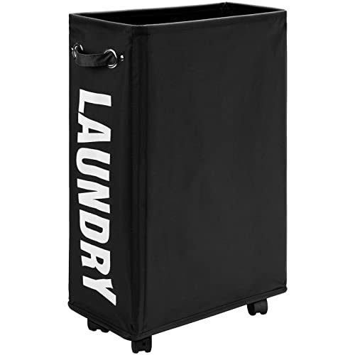 DOKEHOM 25-Inches Slim Laundry Basket on Wheels, Collapsible Rolling Laundry Hamper, Foldable Narrow Corner Clothes Storage Bins (Black) - color: Black/M, size: Slim Plus 25"