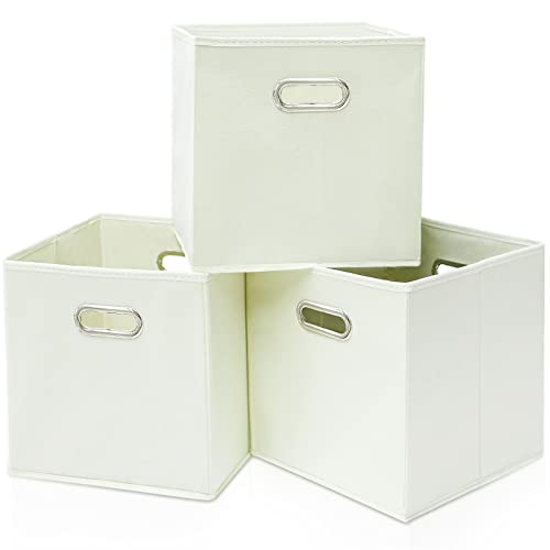 Black Fabric Cubby Storage Bins,13x13x13 Inches ,Cube Organizer Bin Foldable Storage Boxes with Dual Handles Fabric Organizer Box and collapsible Storage basket,Set of 3,Creamy-White - color: Creamy, size: 3 Pack