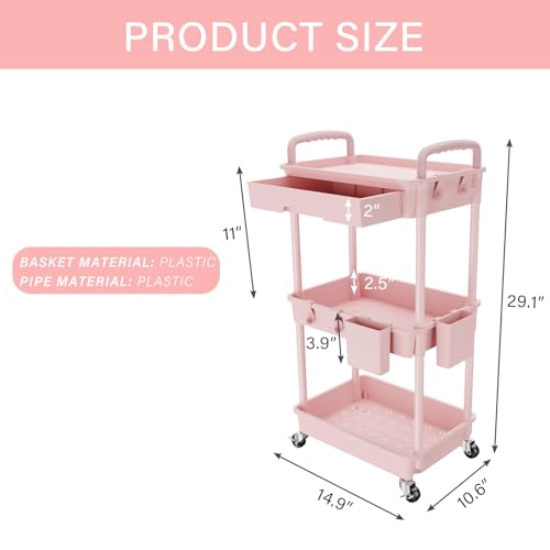 REBECAT 3 Tier Rolling Utility Cart with Drawer,Storage Cart,Rolling Cart for Kitchen,Bathroom,Living Room,Storage Organizer with Iron Wheels（Pink - color: Pink