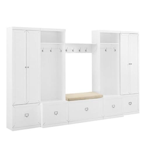 BOWERY HILL 6-Piece Modern MDF/Birch Veneer Entryway Set, White/Tan Finish, Includes Bench with Cushion, Shelf, 2 Pantry Closets, 2 Hall Trees, Modular Storage Solution for Foyer or Mudroom