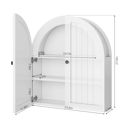 DreamDashio Arched Bathroom Cabinet Wall Mounted with Doors, Adjustable Shelves, Medicine Cabinet Over The Toilet, Wall Cabinet, Storage Cabinet for Bathroom, Laundry Room, Kitchen, White - size: 27.6"H x 23.6"W x 5.9"D