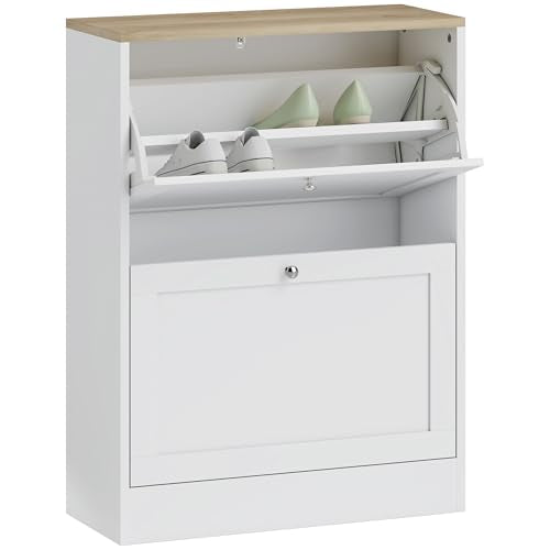HOMCOM Slim Shoe Cabinet for Entryway, Modern Hidden Shoe Storage Cabinet with 2 Flip Drawers and Adjustable Shelves for 8-12 Pairs of Shoes, White - color: White, size: 23.6" x 9.3" x 31.5"