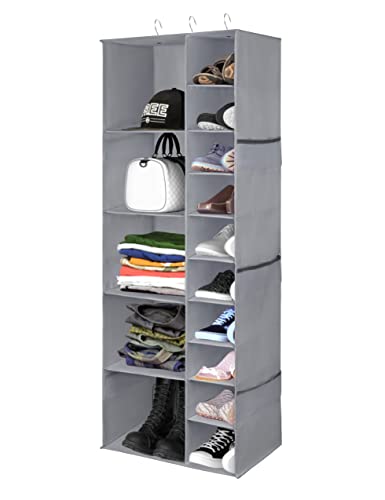 Libeder Shoe Organizer for Closet, 15 Shelf Hanging Closet Storage Shelves - 10 Shoe Rack Organizer and 5 Compartment for Clothes with 6 Side Mesh Pockets for Scarves Socks,Gloves Grey - color: Grey