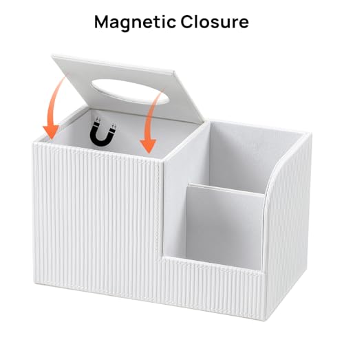 Square Tissue Box Cover with 2 Compartments Storage Organizer, PU Leather Tissue Box Holder with Remote Control Holder for Livingroom Nightstand, Multifunctional Cube Tissue Holder (White) - color: White