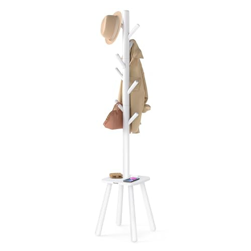 VASAGLE Coat Rack, Free Standing Coat Stand, Hall Coat Tree with 8 Hooks and Storage Shelf, 69.2 Inch Tall, for Coats, Hats, Bags, for Entryway, Hallway, Bedroom, Cloud White URCR033W01 - color: Cloud White, style: round tray