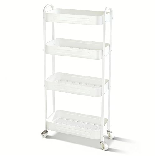 4 Tier Slim Kitchen Storage Cart for Narrow Space, 7.1'' Wide Metal Rolling cart with Wheels and Lockable Casters, Sturdy Mobile Thin Shelf for Laundry Room Between Washer and Dryer, White - color: White, size: 4 tier
