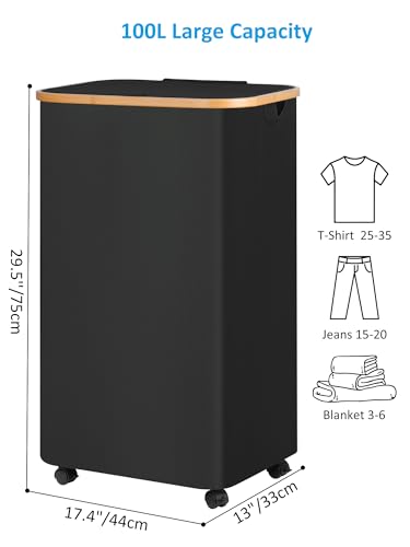 efluky Laundry Basket with Wheels, Tall Rolling Laundry Hamper with Lid and Removable Bag, Aesthetic Dirty Clothes Hamper on Wheels for Laundry Room, Bedroom, Dorm and Bathroom, 100L Black - color: Black, size: 100L
