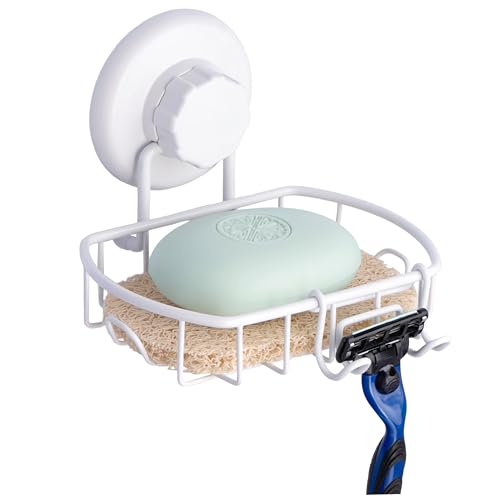HASKO Suction Cup Soap Dish for Shower Wall, Rustproof Stainless Steel, Shower Soap Holder with Hooks for Bathroom, Includes Optional No Drill Adhesive Mount and Soap Saver, White - color: White