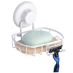 HASKO Suction Cup Soap Dish for Shower Wall, Rustproof Stainless Steel, Shower Soap Holder with Hooks for Bathroom, Includes Optional No Drill Adhesive Mount and Soap Saver, White - color: White