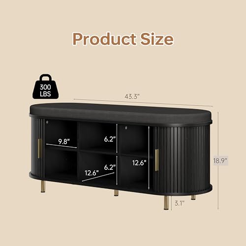 DHH 2-Tier Storage Bench,Wide Shoe Bench with Thickened Padded Seat Cushion, Mid Century Modern Fluted Sliding Door and Adjustable Shelf, for Entryway, Living Room, Bedroom (Black, 43.3“) - color: Black, size: 43.3 inch