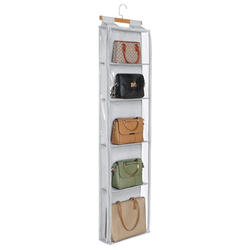 Syeeiex Hanging Handbag Purse Organizer with Zippers, 5 Mesh Shelves,Clear Slubbed Fabric+PVC Hanging Closet Bag Organizer, Dustproof Handbag Closet Tote Storage Bag for Door, Wardrobe, Shelf Rack - color: Grey-5 Shelves