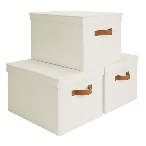 StorageWorks Storage Bins with Lids, Decorative Storage Boxes with Lid and PU Handles, Foldable Storage Baskets for Closet, Shelves, Stackable, Ivory, Jumbo, 3-Pack - color: Ivory, size: Jumbo