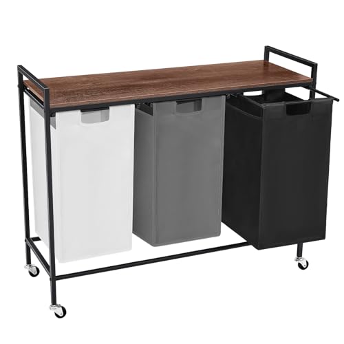 Laundry Sorter 3 Section, Rolling Laundry Hamper with Shelf, 3 Compartment Laundry Basket with Lid, Organizer Rustic Wooden Top (White+ Grey+ Black) - color: White+ Grey+ Black