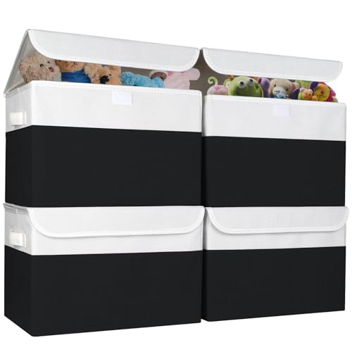 Bagnizer Large 22 Quart Linen Fabric Foldable Storage Bin Cube Organizer Basket with Flip-Top Lid & Handles, Clothes Blanket Box for Home, Office, Closet, Black & White, 4 Pack 14.6 x 9.5 x 9.5 - color: Black & White, size: Medium - 4 Pack