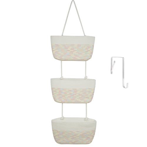 TeoKJ Over the Door Hanging Basket, 3-Tier Woven Cotton Wall-Mounted Storage Organizer Bag Decorative Hanging Nursery Baskets, White & Rainbow Stitching - color: White & Rainbow Stitching