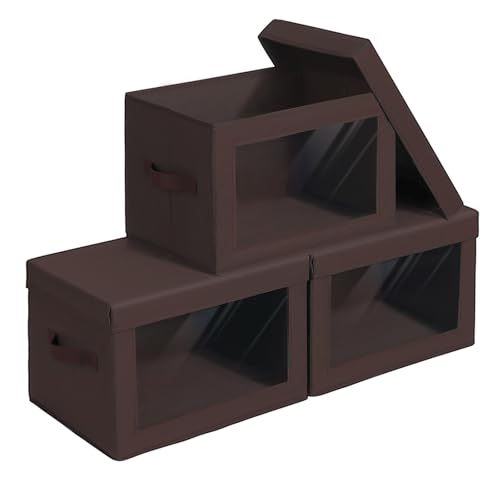 Homsorout Foldable Storage Boxes with Clear Window - Clothes Organizers and Decorative Bins with Lid, Fabric Storage Cube, Baskets for Shelves, Yarn, Home, Brown, 3 Pack - color: Brown, size: L(3-Pack)
