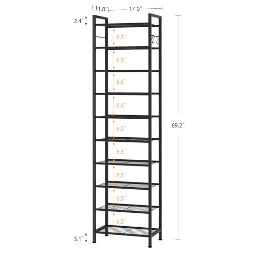 usikey 10 Tiers Narrow Shoe Rack 20-30 Pairs, Sturdy Metal Tall Shoe Rack Shelf with 4 Hooks, Slim Shoe Storage with Metal Shelf, Space Saving Vertical Shoe Organizer for Entryway Black UNYXJX018H - color: 10 Tier ( 17.9 X 11 X 69.2 Inches)-black