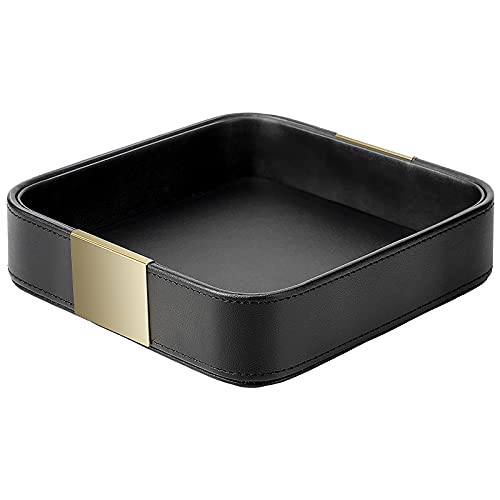 SANZIE Luxury Leather Desktop Storage Small Catchall Organizer Decorative Tray for Entryway Table to Hold Jewelry Watch Cosmetics Keys Phone Wallet, Home & Office Accessories (Metal Gilded, Black) - color: Black (Metal Glided), size: 7.5" x 7.2" x 2"
