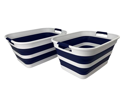 SAMMART Collapsible Plastic Laundry Basket with Handle/Foldable Pop Up Storage Hamper/Portable Laundry Organizer-Space Saving Washing Tub/Household Storage (White/Starry Blue, 27L (Set of 2)) - color: White/Starry Blue, size: 27L (Set of 2)