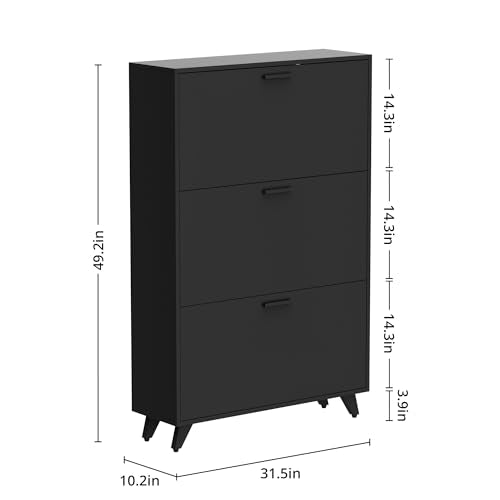 Anystyle Black Shoe Storage Cabinet for Large Shoes, 3-Tier Adjustable Flip-Door Organizer, Space-Saving Wooden Cabinet for Entryway, Closet, Living Room, 31.5" W x 49.2" H - color: Black