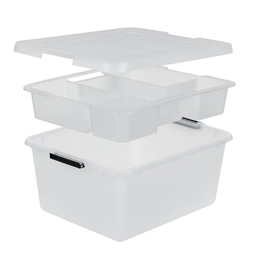 IRIS USA 18 QT Clear Storage Organizer with Removable Dividers, Stackable Plastic Storage Box with Lid, Modular Container for Crafts, Tools, Office & Pantry Organization - size: 18 Qt, style: w/ Tray