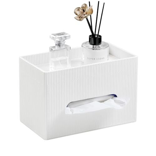 Tissue Box Cover Rectangle with Storage Tray, PU Leather Tissue Holder for Bathroom Vanity Countertop Night Stands Bedroom Office Desk, Stylish Rectangular Tissue Box Holder (Ivory) - color: Ivory