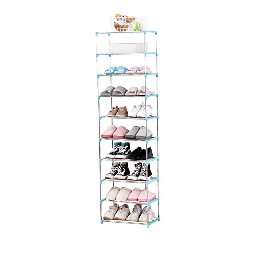 Jucaifu Stackable Small Shoe Rack, Entryway, Hallway and Closet Space Saving Storage and Organization (10-Tier, Blue) - color: Blue, size: 10-Tier