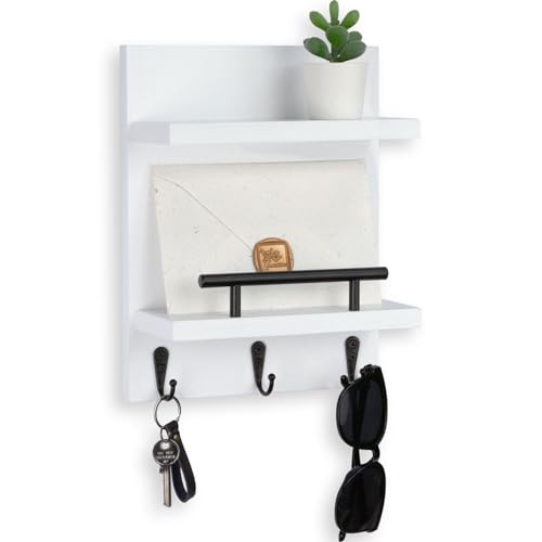 Key Holder Wall Mount, Mail Shelf Decor with 3 Key Hooks, Versatile Wood Wall Organizer for Entryway Hallway (8.2” x 10.6”x 3.6”) (White) - color: White