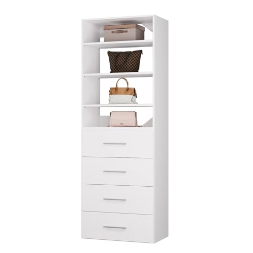 ROOMTEC Modular Closet System, 31.5" 4 Drawer Shelf Closet Tower Wall-Mounted Closet Organizer, Wooden Tower for Walk-In Closets, Wardrobe Storage Kit, White - size: 31.5" Wide, style: Model 8