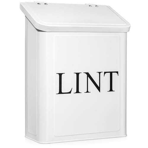 Calindiana Modern Farmhouse Metal Magnetic Lint Bin for Laundry Room Decor and Accessories with Lid and Laundry Room Organization and Storage Wall Mount Space Saving Washer and Dryer Trash Can, White - color: WHITE