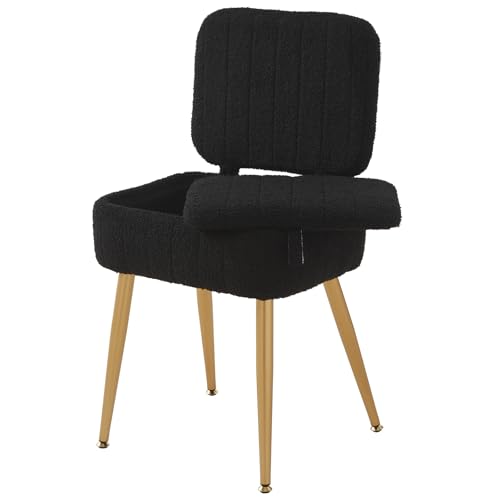 Updated Vanity Chair, Storage Ottoman with Folding Back & Gold-Toned Metal Legs, Ottoman Seat with Teddy Velvet for Dressing Room Living Room Bedroom, 16" x 12.5" Inch - color: Black, size: 16" x 12.5"