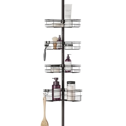Zenna Home Tension Pole Shower Caddy Corner Organizer, Adjustable Standing Shower Caddy with 4 L-shaped Baskets and Hooks, Rust Resistant Bathroom Tension Rod Organizer, 60 to 97 Inch, Bronze - color: Bronze
