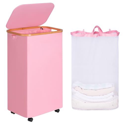 iEGrow Laundry Hamper, Narrow Laundry Basket with Lid,Foldable Clothes Hamper with Bamboo Handles,Hamper Basket with Removable Inner Bag for Laundry Room Bedroom College Dorm (Pink, 110L with Wheels) - color: Pink, size: 110L with Wheels