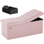HAUSFRAU 31.5 Inches Ottoman with Storage Bench, Folding Ottoman Bench Small Foot Rest Stool, Bedroom Bench with Flipping Lid, Faux Leather Pale Pink - color: Pale Pink, size: 13"D x 31.5"W x 13"H