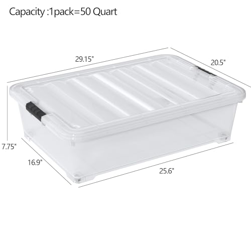 50 Quart Plastic Under Bed Storage Boxes, Clear Under Bed Storage Containers with Wheels, 3-Pack - size: 50L