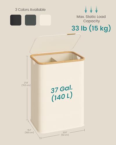 SONGMICS Laundry Hamper, Laundry Basket with Lid, Foldable Storage Basket, Bamboo Frame, for Bedroom, Living Room, Oxford Fabric, 37 Gal. (140 L), Cream White ULCB519WD01 - color: Cream White, size: 140 L (2-Section)