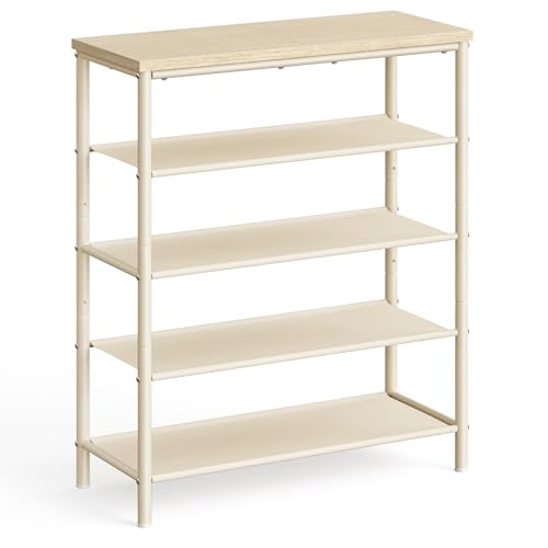 VASAGLE Shoe Rack, 5-Tier Shoe Storage Organizer for Entryway and Closet, Holds 12-16 Pairs of Shoes, 4 Fabric Shelves, Steel Frame, Modern, Natural Beige and Pearl White ULBS036K01 - color: Natural Beige + Pearl White, size: 5 Tiers (29.5"W)