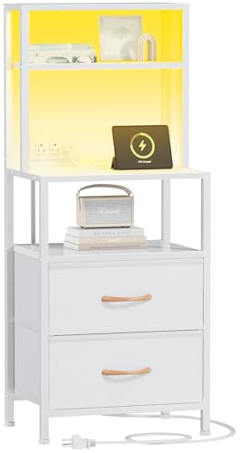 Furnulem Night Stand, Tall White Nightstand with 4-Tier Shelves, 2 PU Fabric Drawers and Led Lights, Bed Side Tables with Charging Station, Bedside Table for Bedroom - color: White, size: 2 Drawer