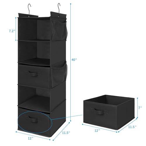 MAX Houser 5 Tier Shelf Hanging Closet Organizer, Cloth Hanging Shelf with 2 Sturdy Hooks for Storage, Foldable (Black-D2) - color: Black-d2