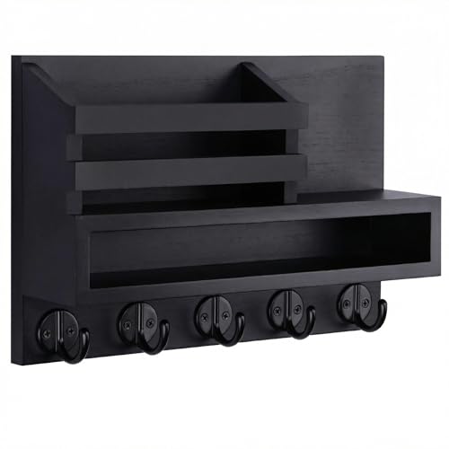 Wall Key Rack - Mail Organizer with 5 Key Hooks, Paulownia Wood, 11.8x7.1 Inches, Apartment Wall Decor, Installation Accessories Included (Black) - color: Black