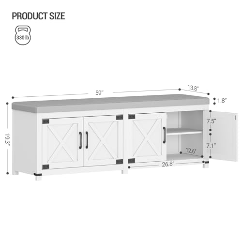 Hzuaneri Shoe Storage Bench, 2 Tier Shoe Bench with Padded Seat Cushion & 4 Barn Doors, 59" Entryway Bench with Adjustable Shelf, Farmhouse Shoe Cabinet for Living Room, Bedroom, White SB31503GY - color: White, size: 59"W