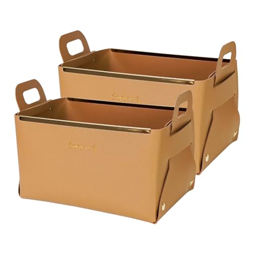 Decorative Faux Leather Basket,Small Catchall Basket for Entryway Bedside Dresser End table,Collapsible Rectangle Tray Organizer Box,Set of 2,Brown - color: Brown(2-Pack)