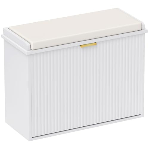 HOMCOM Narrow Shoe Bench with Padded Cushion, Shoe Cabinet with Flip-Drawer and Adjustable Shelf, Small Entryway Bench Holds up to 265lb, 24.4x10.2x18.7 Inches, White - color: White, size: 24.4" x 10.2" x 18.7"