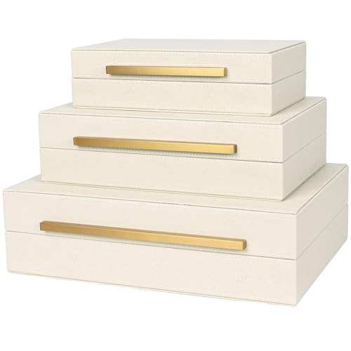 Beige Shagreen Decorative Box Set of 3 - Faux Leather Nesting Storage Boxes with Lids, Large Modern Jewelry Organizer, Stackable Home Decor Box for Bedroom, Bathroom & Office - color: Beige+Gold Handles, size: 3 pack